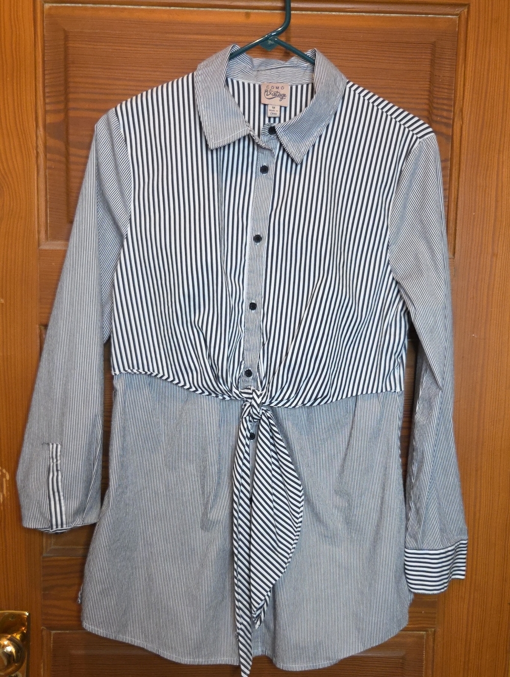 Como Vintage Navy and White Striped Tie-Waist Shirt Dress Business Casual